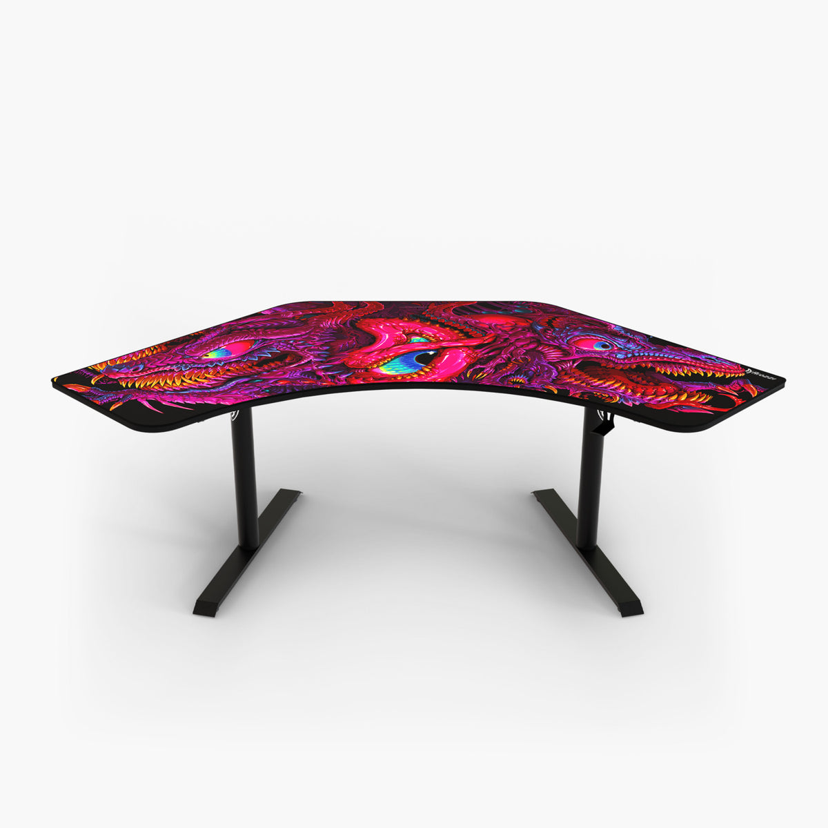 Arozzi Europe Arena Angelo corner desk with vibrant dragon art in red, purple, and blue hues.