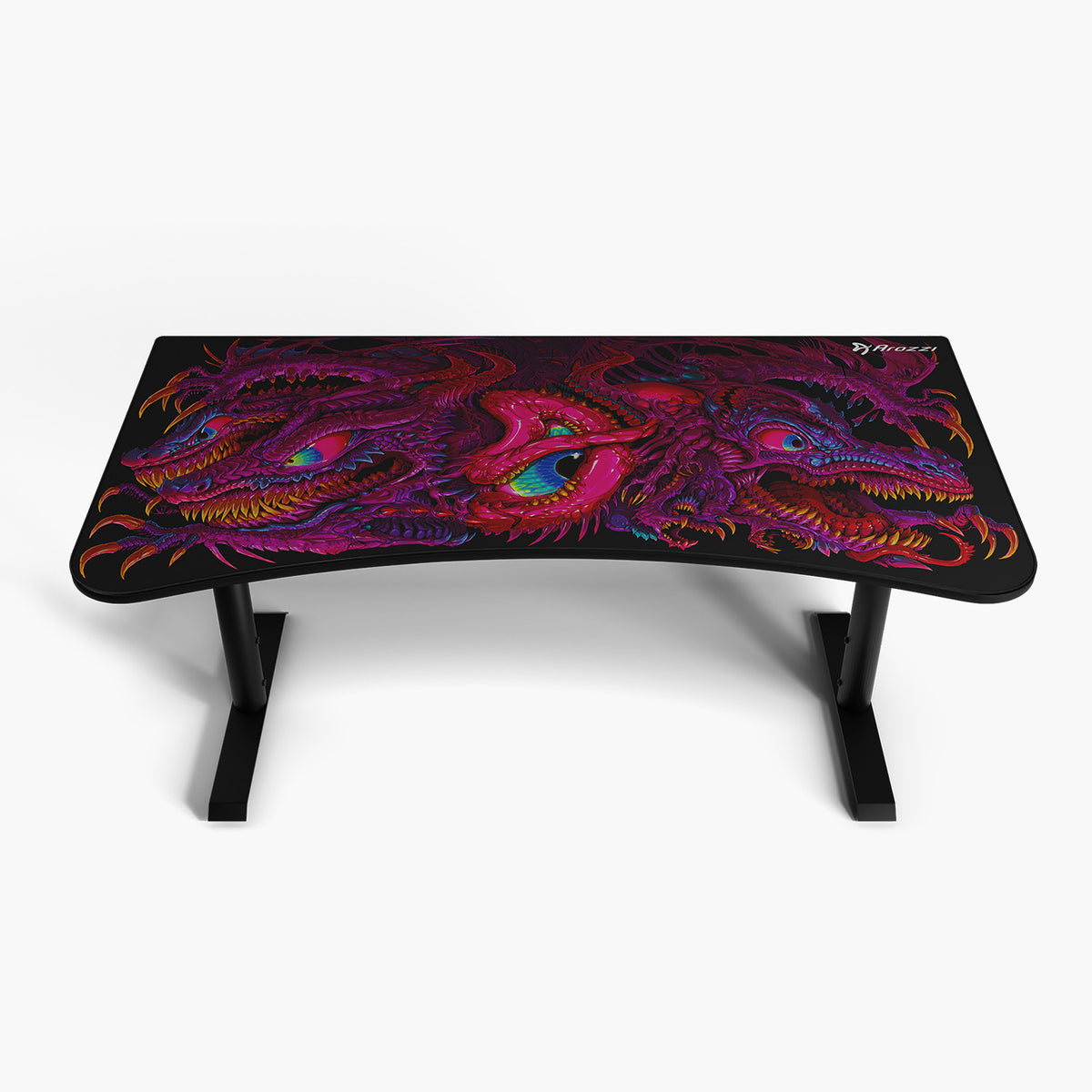 Arozzi Arena Gaming Desk - Large: Black, curved edges, cable management, abstract dragon design.