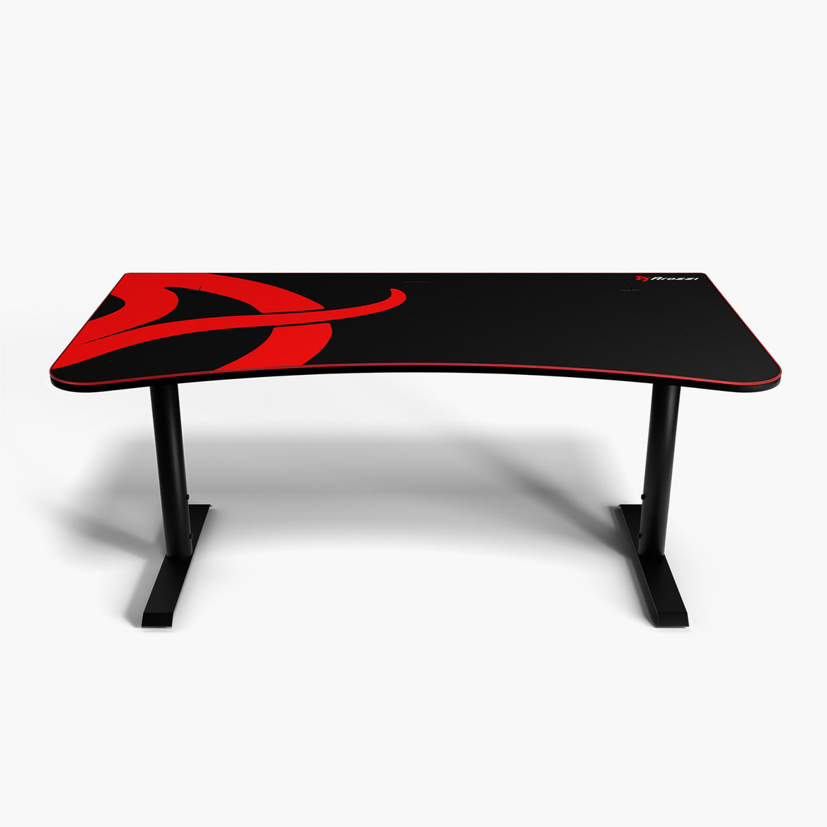 Arozzi Arena Gaming Desk - Large: black/red, curved front, metal legs, cable management.