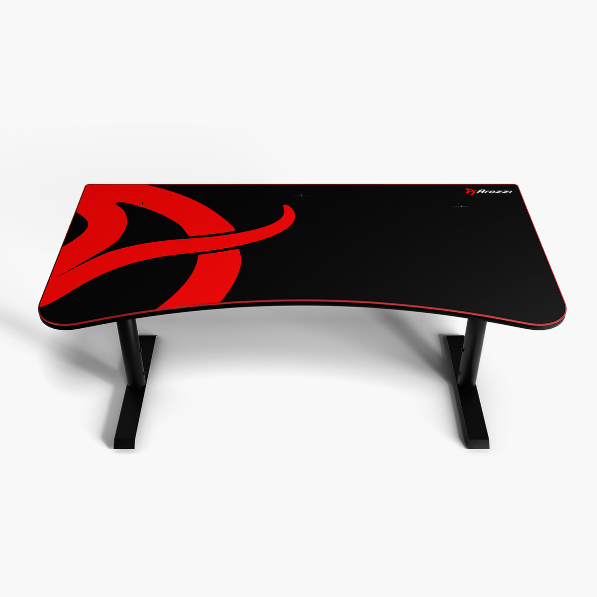 Arozzi Arena Gaming Desk—large, black/red, cable management, curved edge, abstract red top.