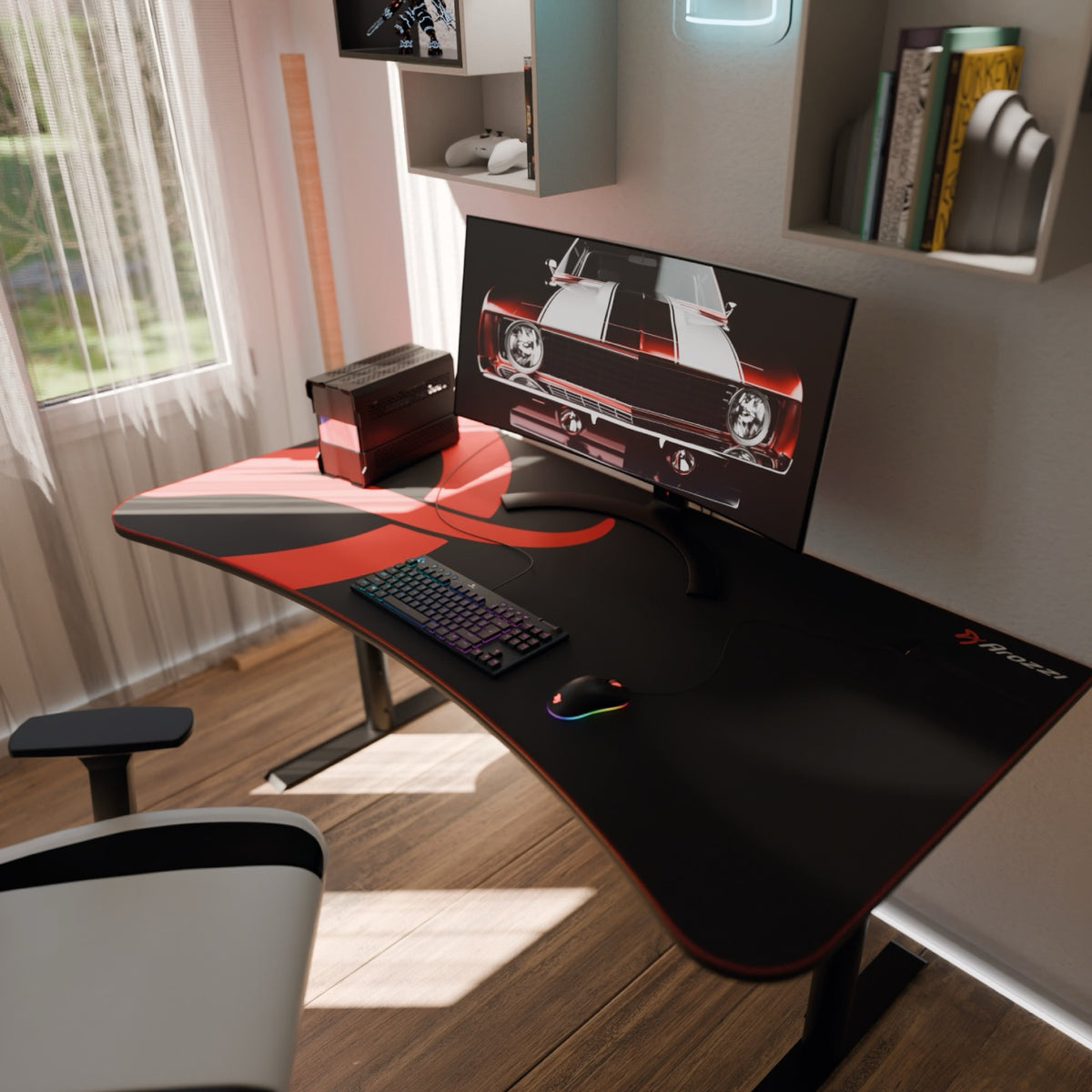 Arozzi Europe Arena Gaming Desk - Large, with mouse pad, keyboard, monitor & sunlit window view.