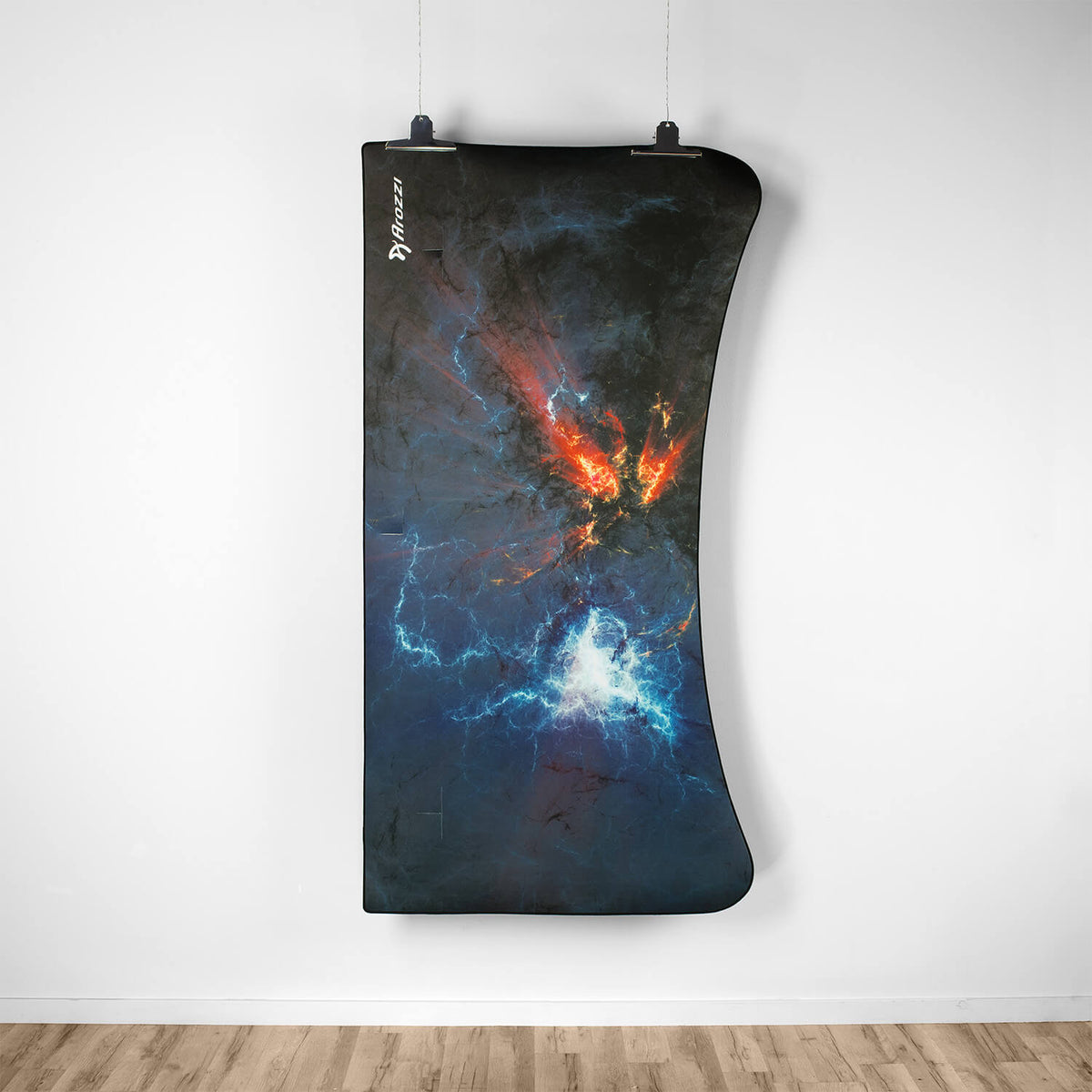 Arozzi Europe’s Arena Mousepad features abstract fiery red and blue energy pattern wall art.