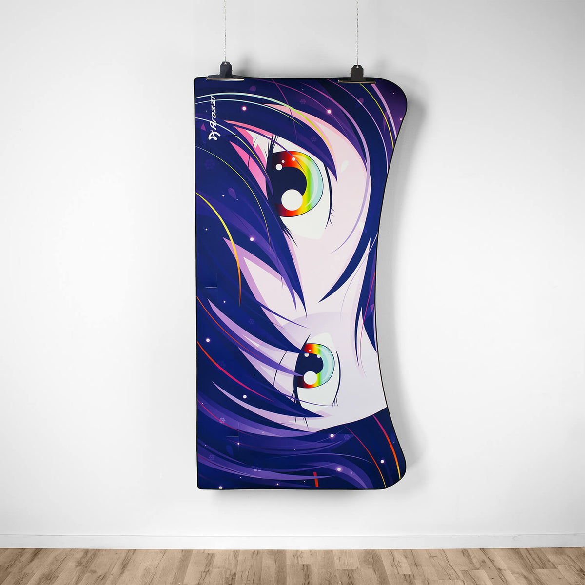 Arena Mousepad by Arozzi Europe with a colorful anime face and vibrant eyes against white wall.