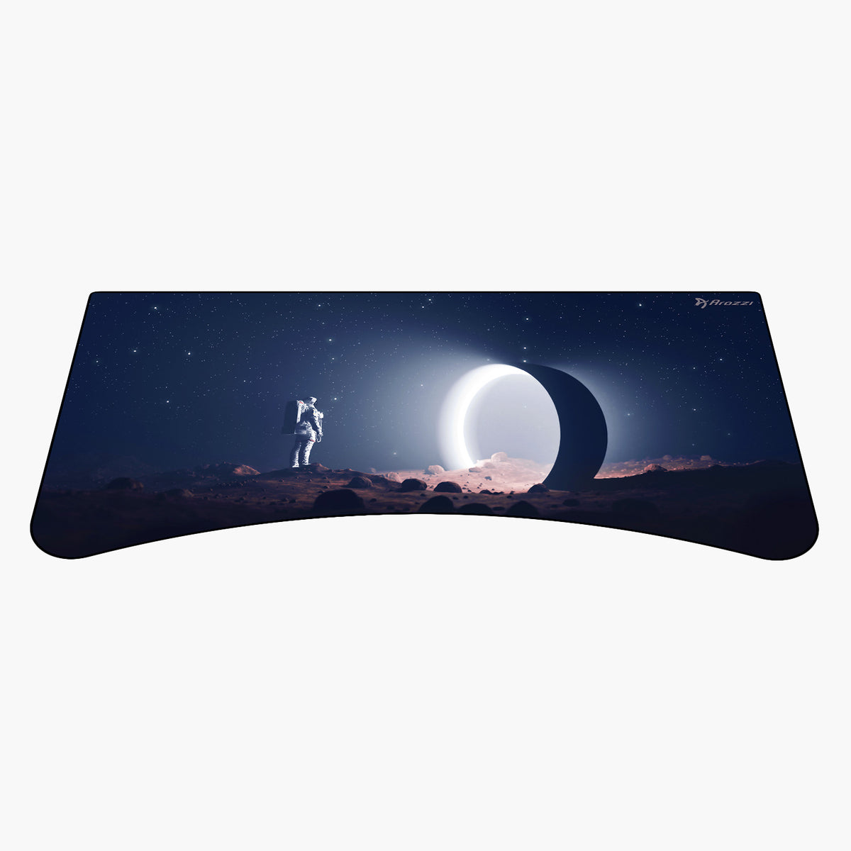 Astronaut stands by a glowing crescent on rocky starscape with an Arozzi Europe Arena Mousepad.