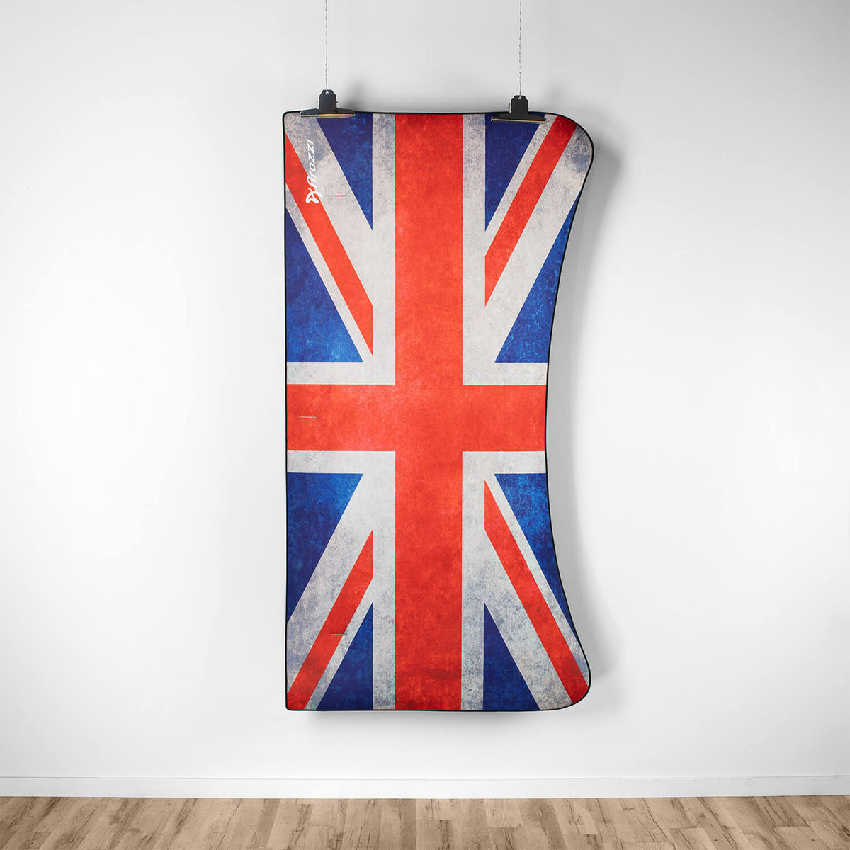 Arozzi Europe Arena Mousepad with Distorted Union Jack design hangs above a wooden floor.
