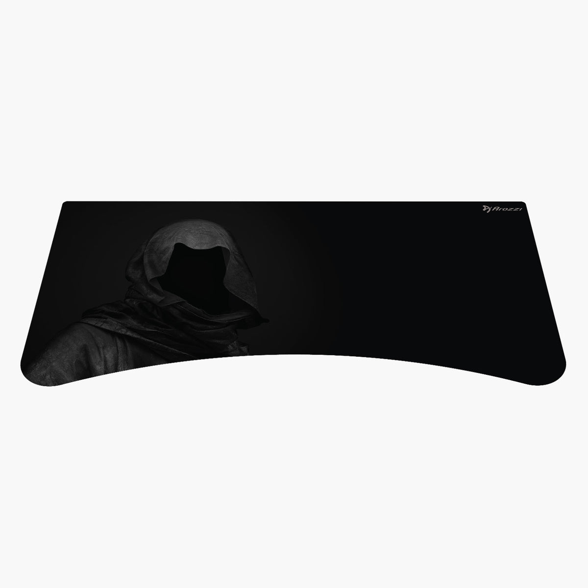 A dark hooded figure on a sleek, curved Arozzi Europe Arena Mousepad with minimal black design.