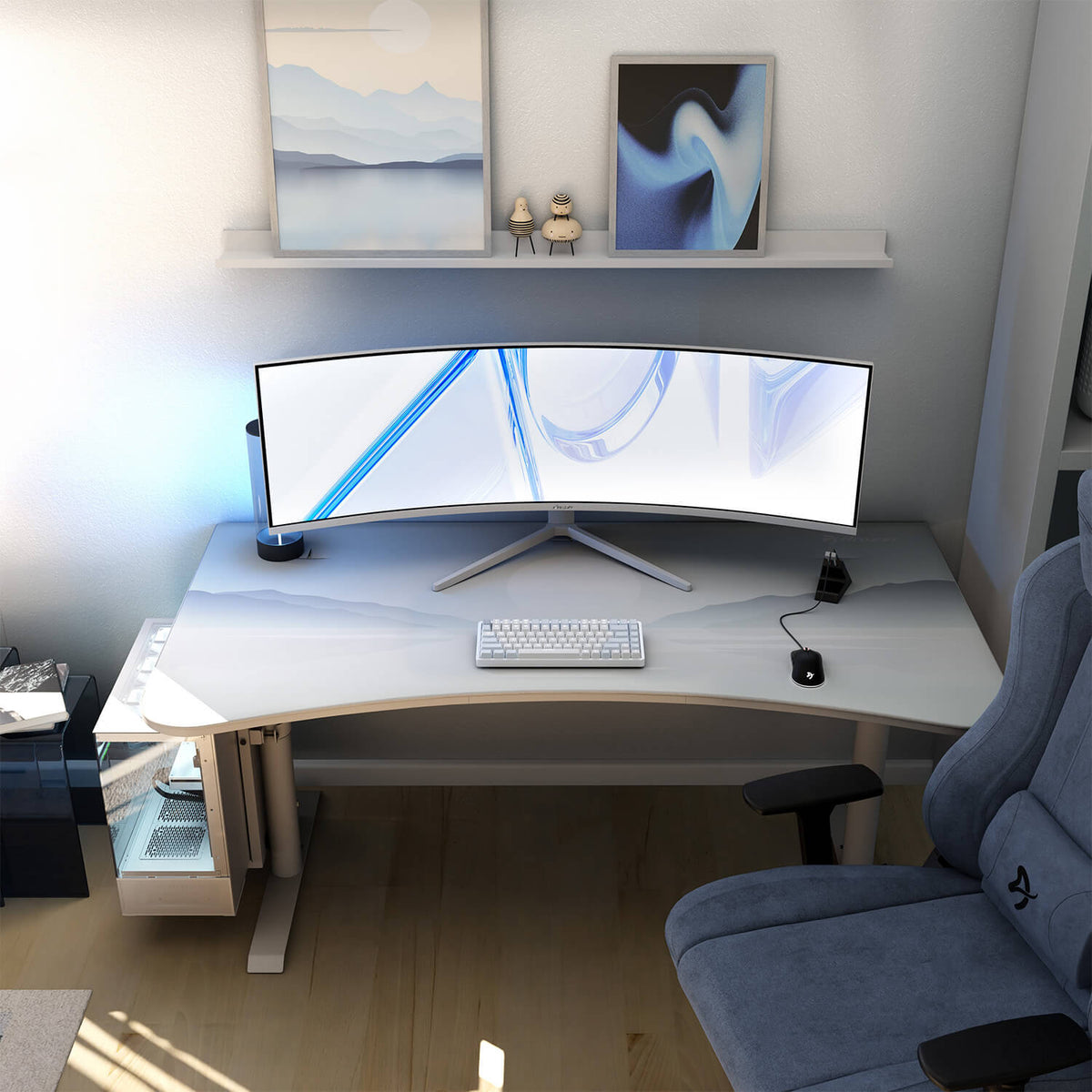 Curved monitor on white desk with Arozzi Europe Arena Mousepad, keyboard, mouse, PC, shelf, chair.