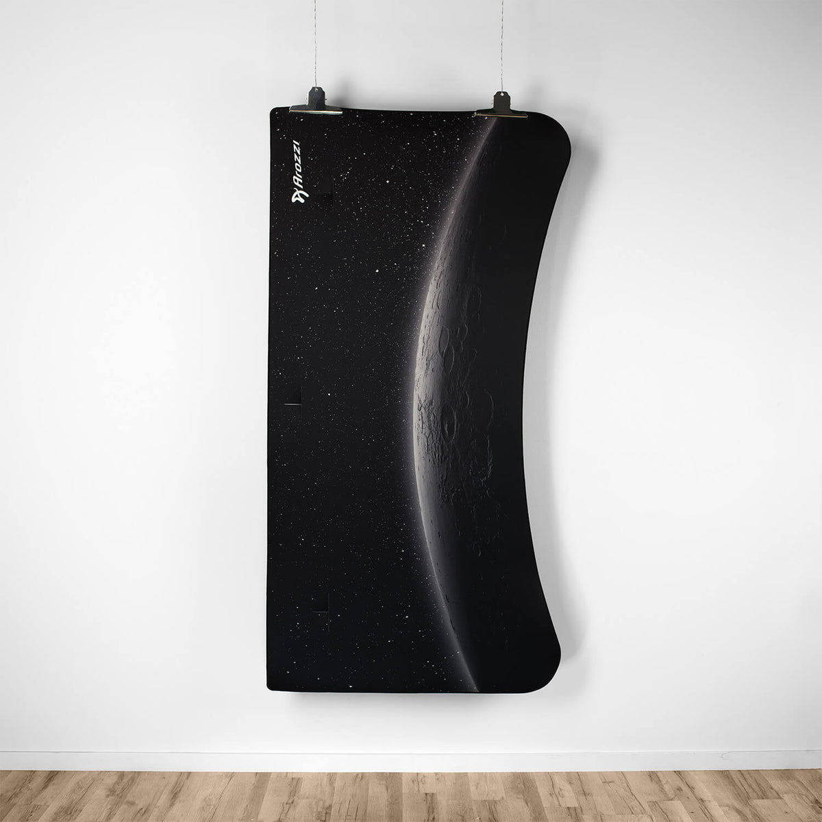 Curved moon wall art pairs perfectly above your Arozzi Europe Arena Mousepad desk setup.