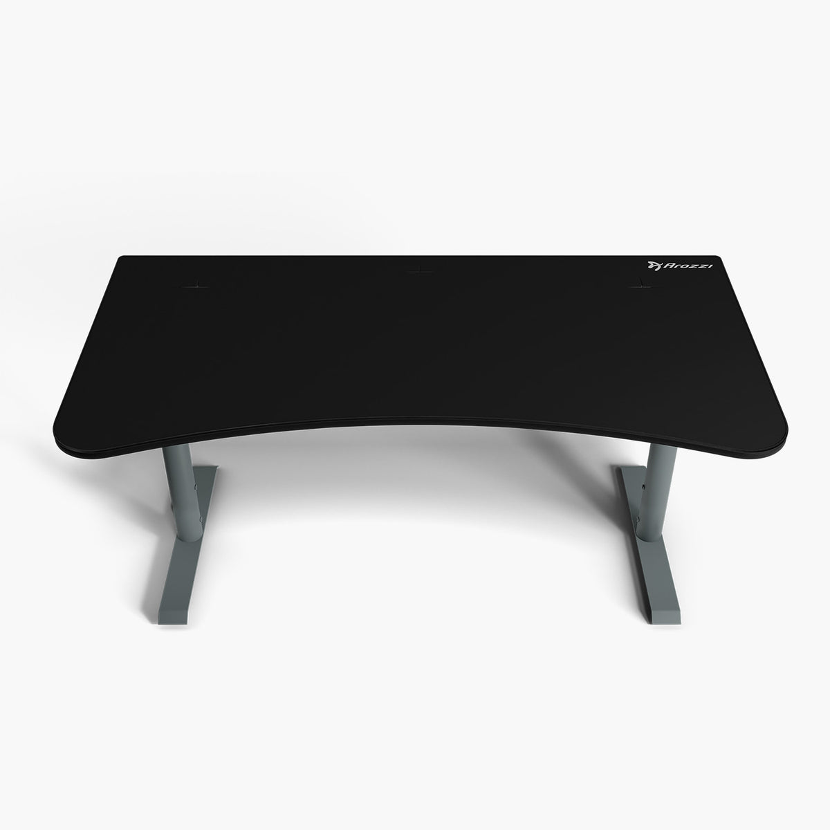 Arozzi Arena Gaming Desk - Large, black with curved edge, gray legs, cable management system.