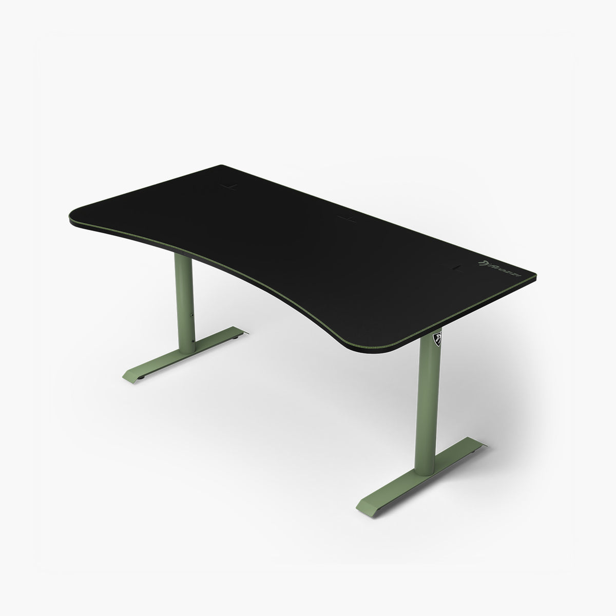 Arozzi Arena Gaming Desk, curved black top, cable slots, green legs—large size.