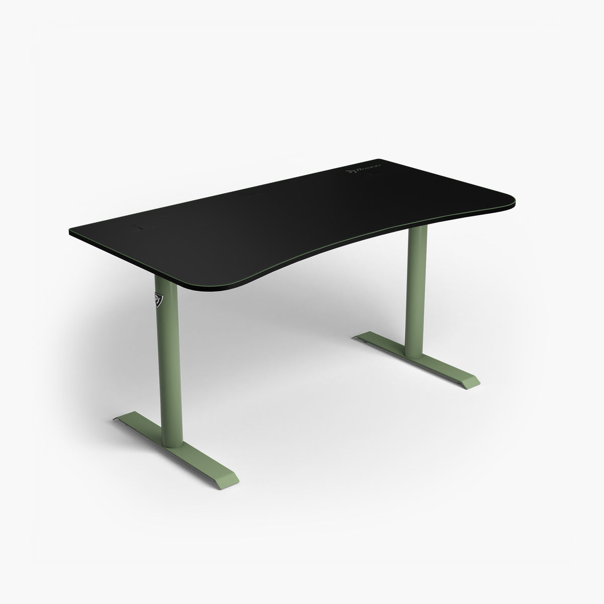 Arozzi Arena Gaming Desk - Medium: Black with curved edges, green legs, on white background.