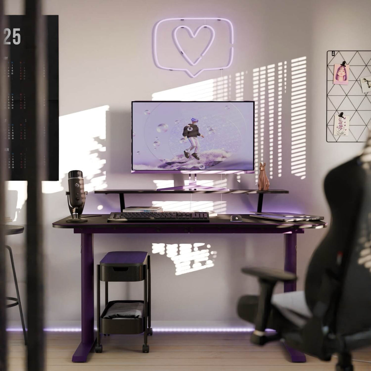 Modern desk with Arozzi Europe Arena Medium Mousepad, monitor, keyboard, mic & neon heart décor.