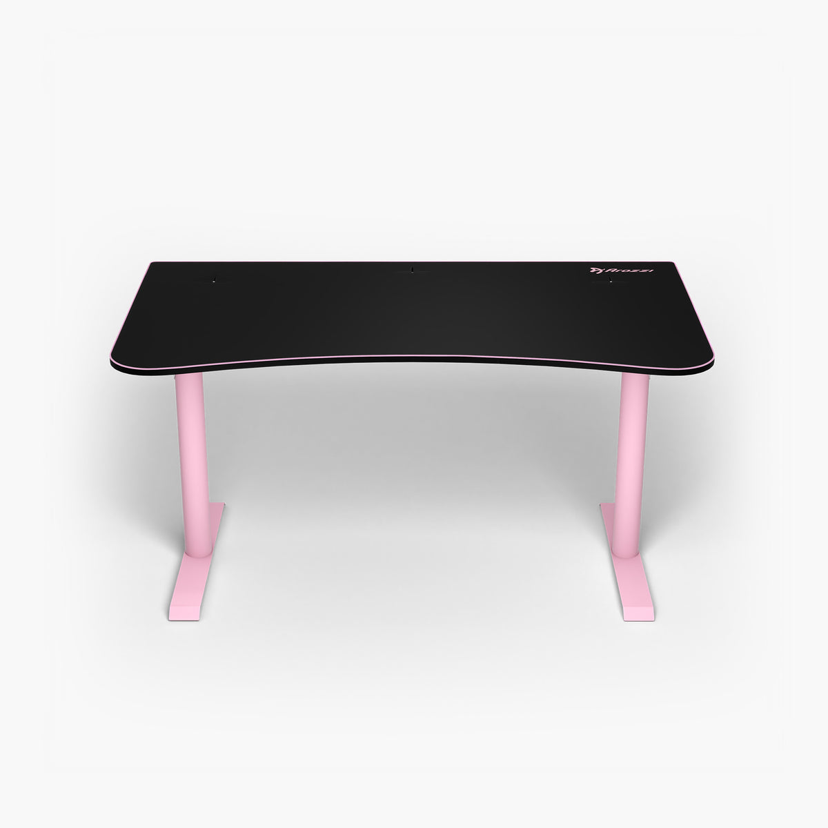 Arozzi Arena Gaming Desk - Medium: Black top, pink legs, front view on white background.