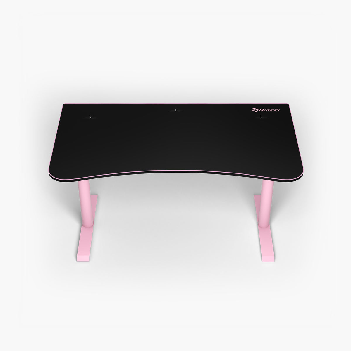 Arozzi Arena Gaming Desk - Medium, black top, pink legs, compact, top view on white background.