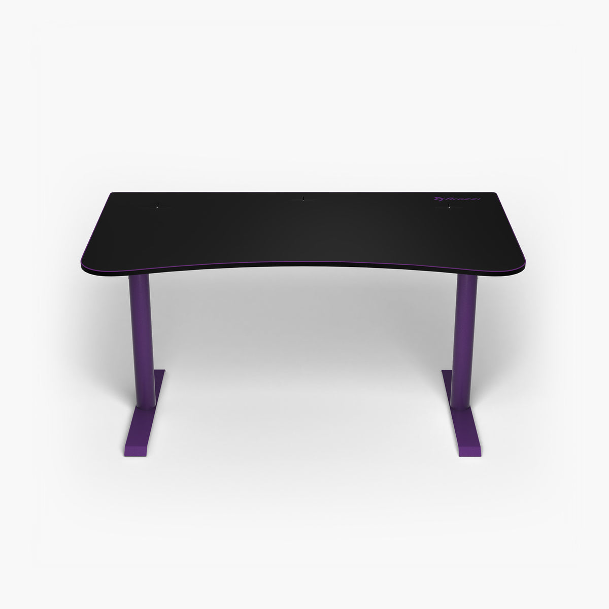 Arozzi Europe Arena Gaming Desk - Medium, black with purple legs, modern look, front view on white.