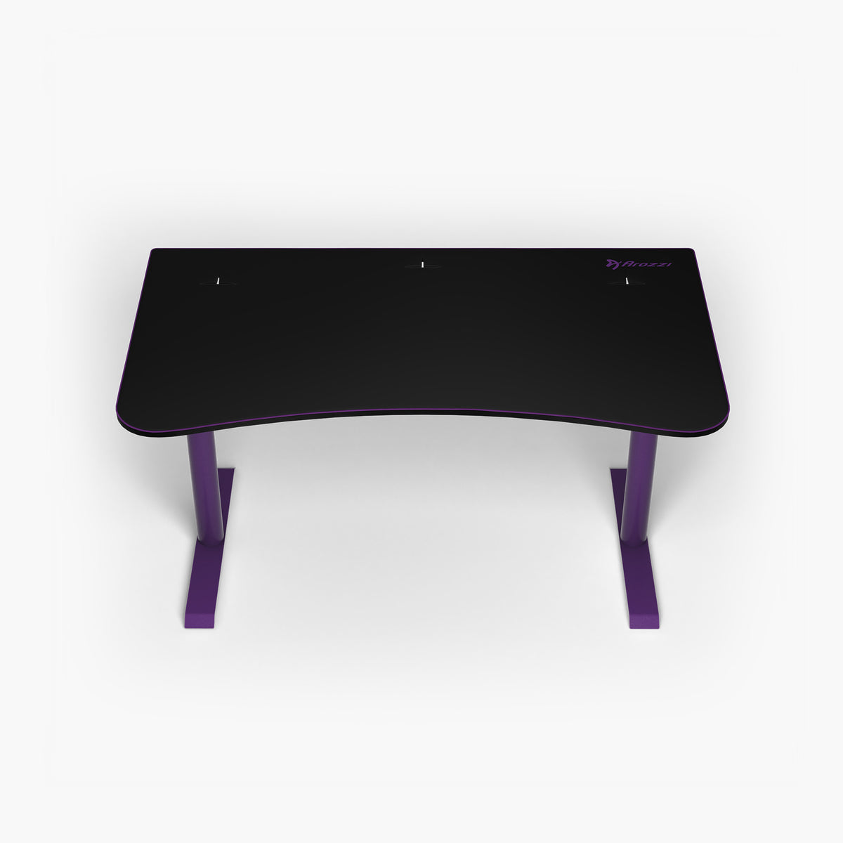 Arozzi Europe Arena Gaming Desk - Medium, black with purple legs, compact top view, white bg.