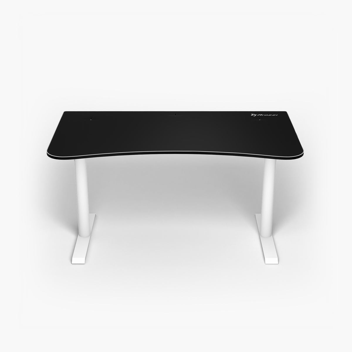 Arozzi Europe Arena Gaming Desk - Medium, black curved top with white legs, top-down white backdrop.
