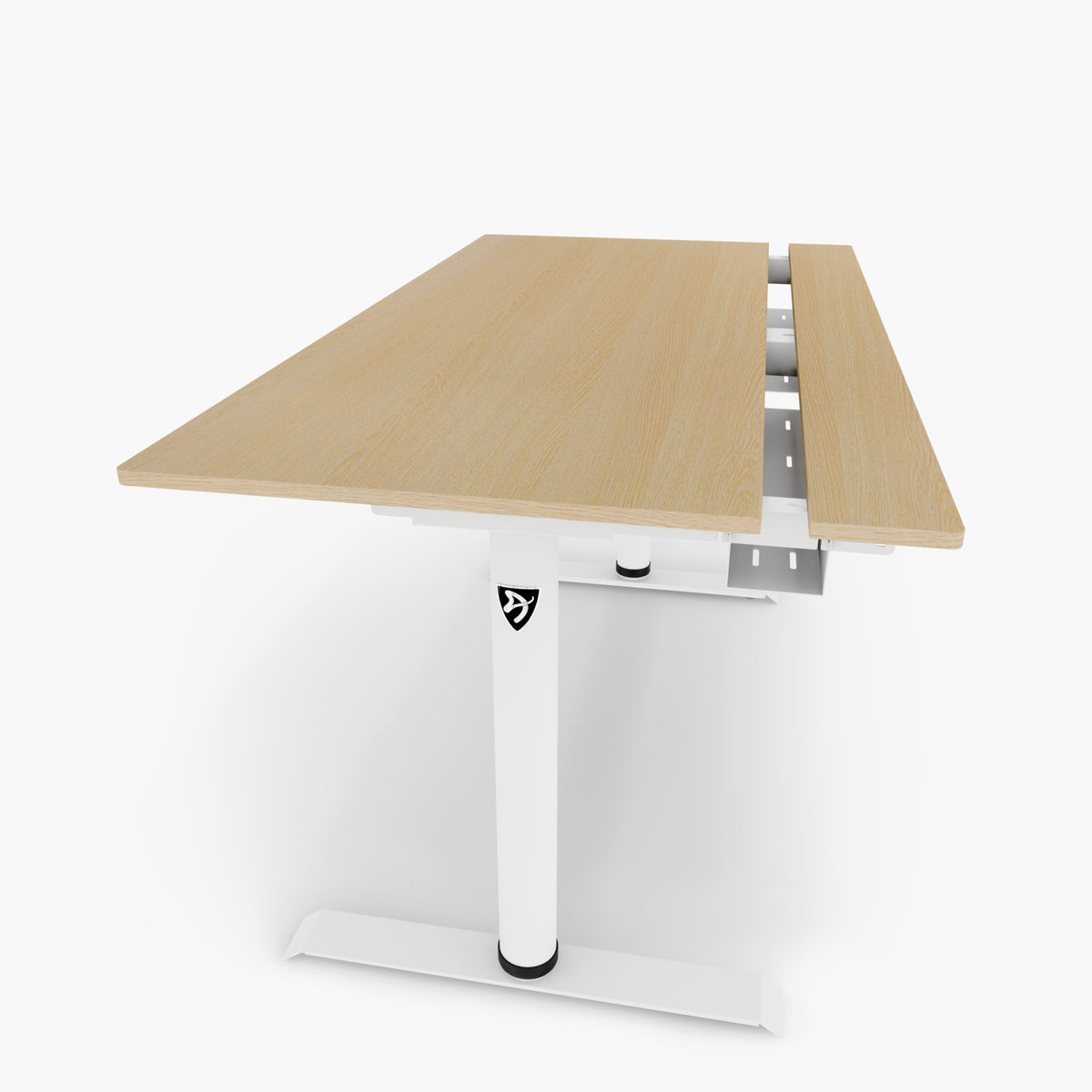 Arena Nordico electric desk by Arozzi Europe with light top and white legs, angled view.