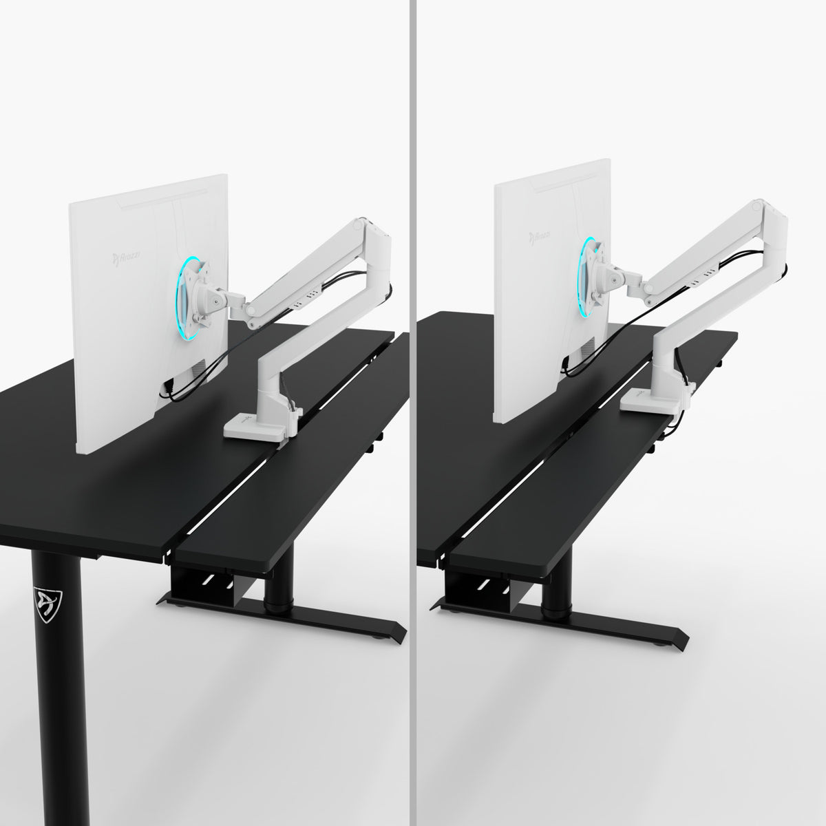 Two monitor arms on the Arozzi Arena Nordico sit-stand desk, shown from two angles.
