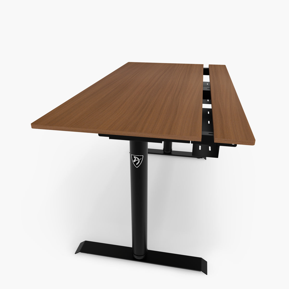 Arozzi Arena Nordico: brown wood sit-stand desk, black legs, gap in middle, angled view.