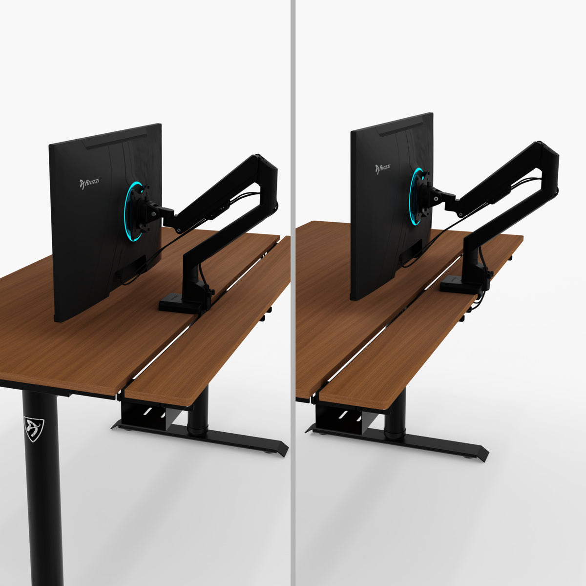 Arozzi Arena Nordico desks with mounted monitors create ergonomic wood workspaces.