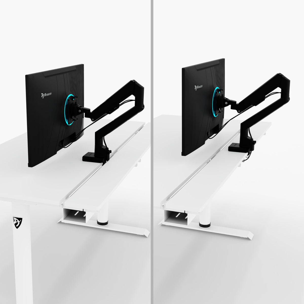 Two monitors on arms mounted to Arozzi Europe Arena Nordico desks, seen from behind.