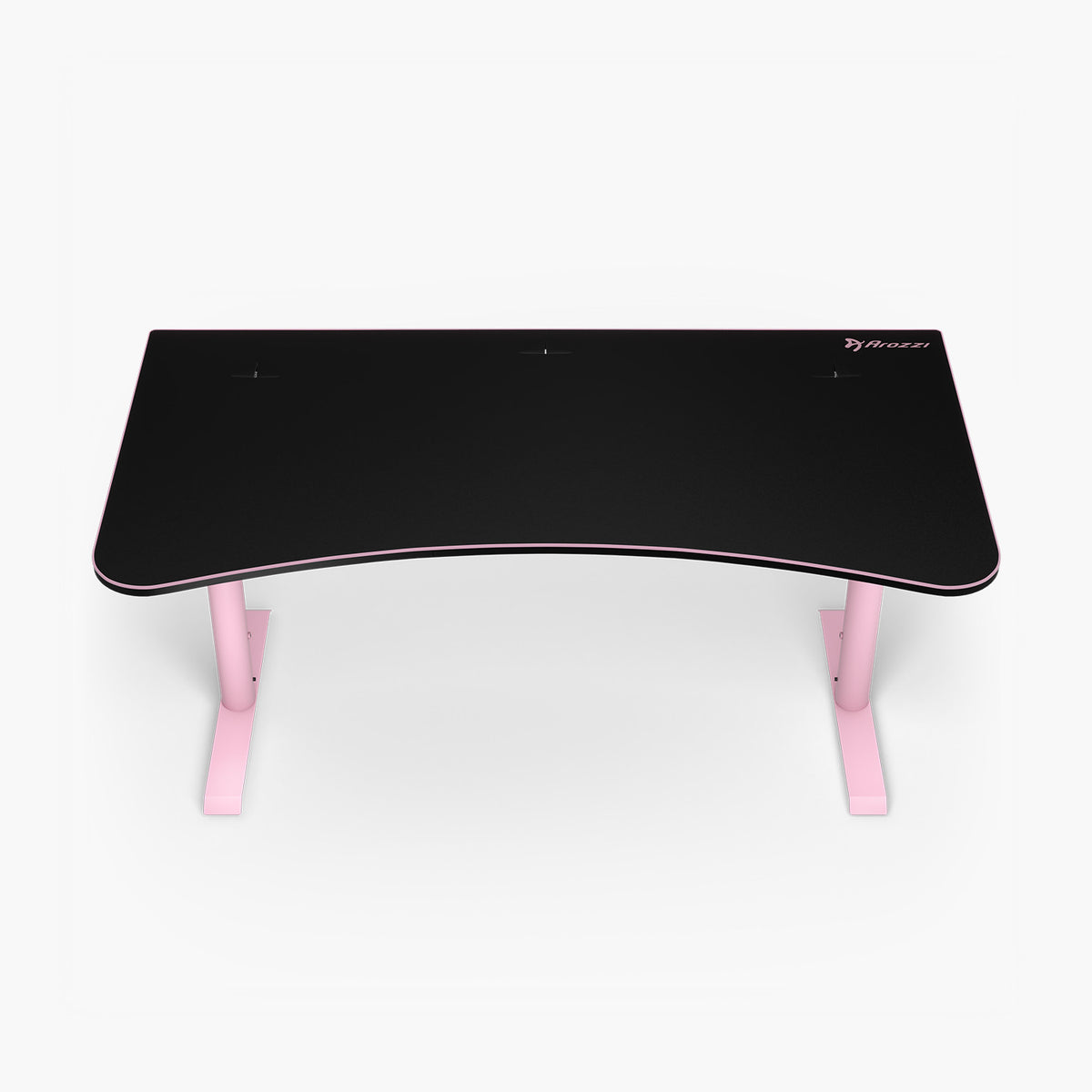Arozzi Arena Gaming Desk - Large, black with pink legs, top view, built-in cable management.