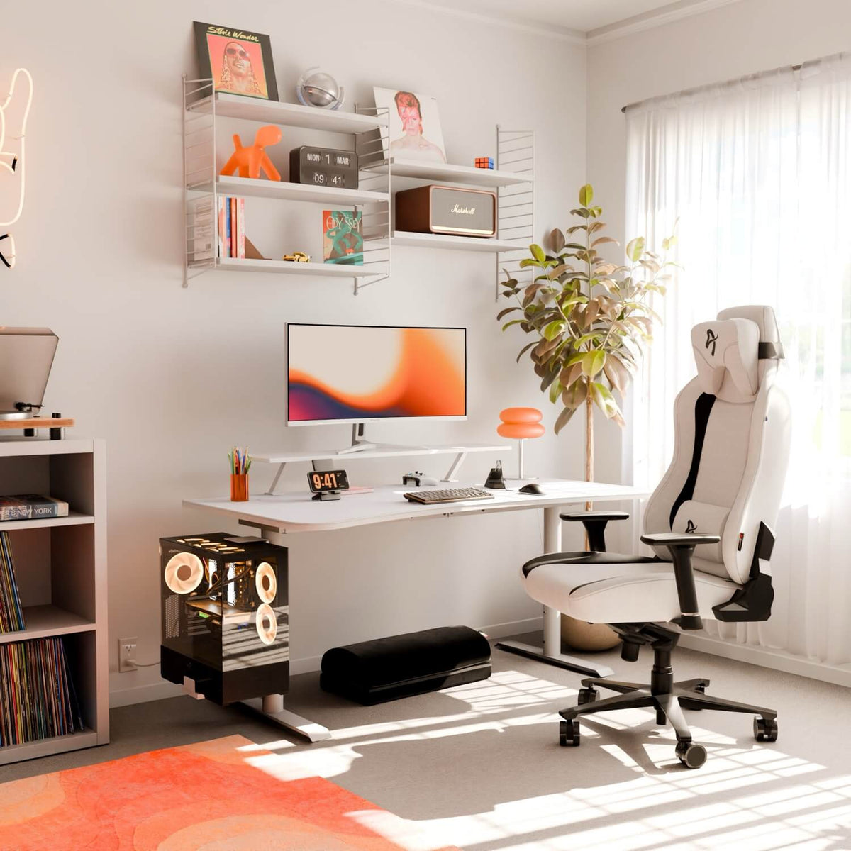 Modern home office with Arozzi Europe Arena Gaming Desk - Large, white shelf, and sunlight.