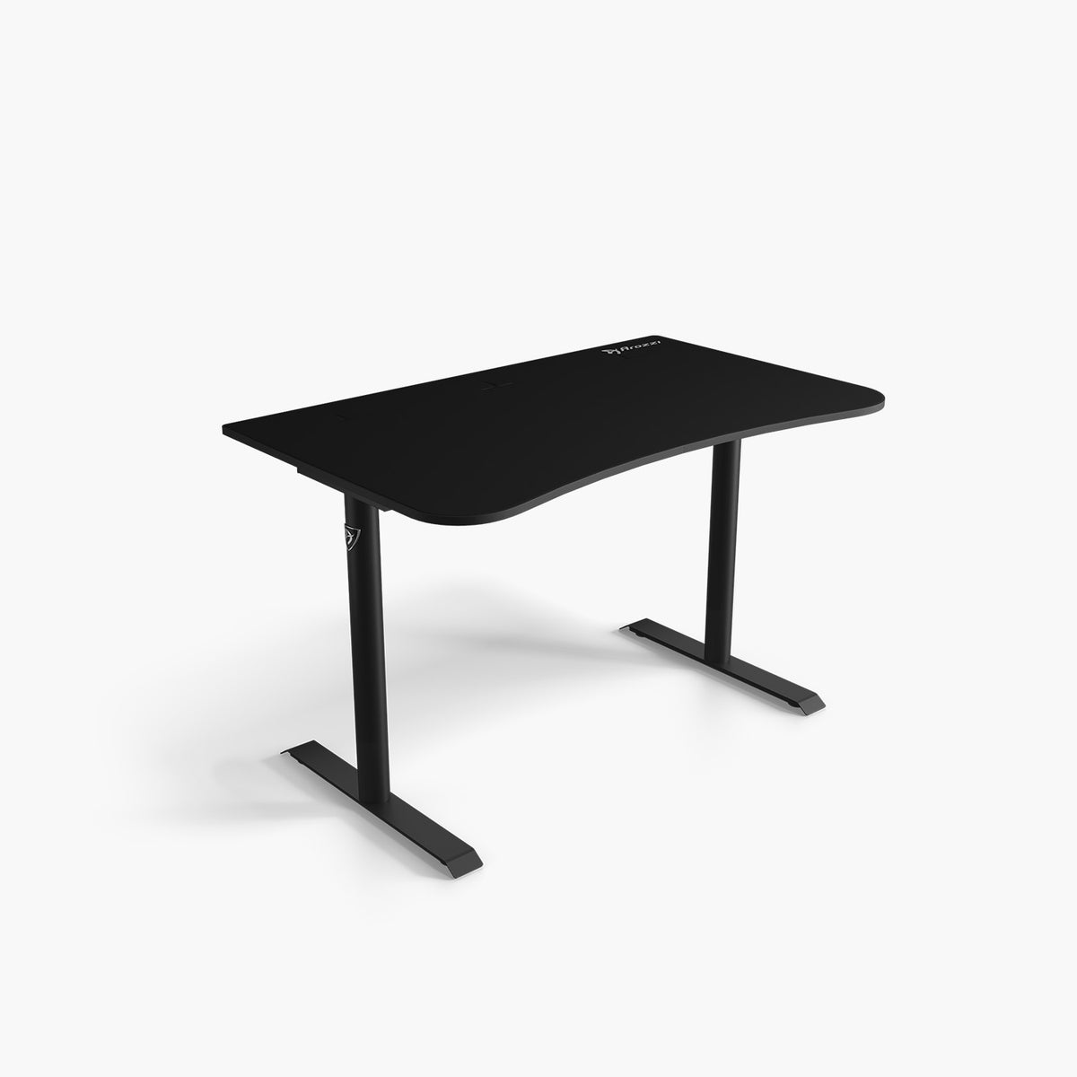Arozzi Arena Gaming Desk - Small: black, curved edge, metal legs; space-saving design.
