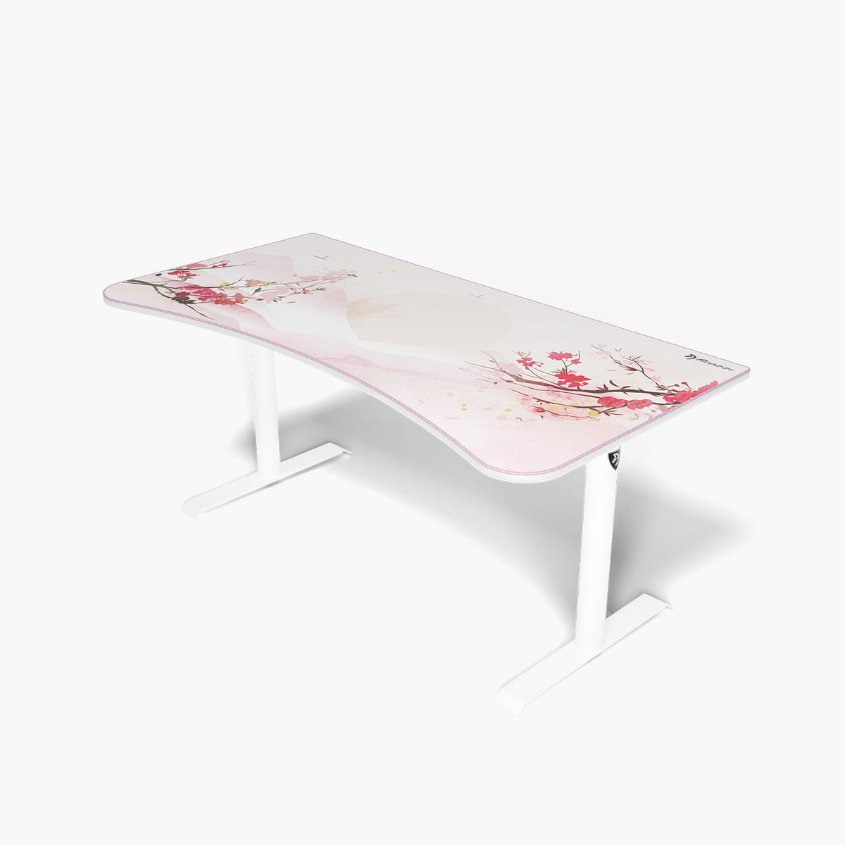 Arozzi Arena Gaming Desk - Large, white with cherry blossom design, curved edges, cable management.