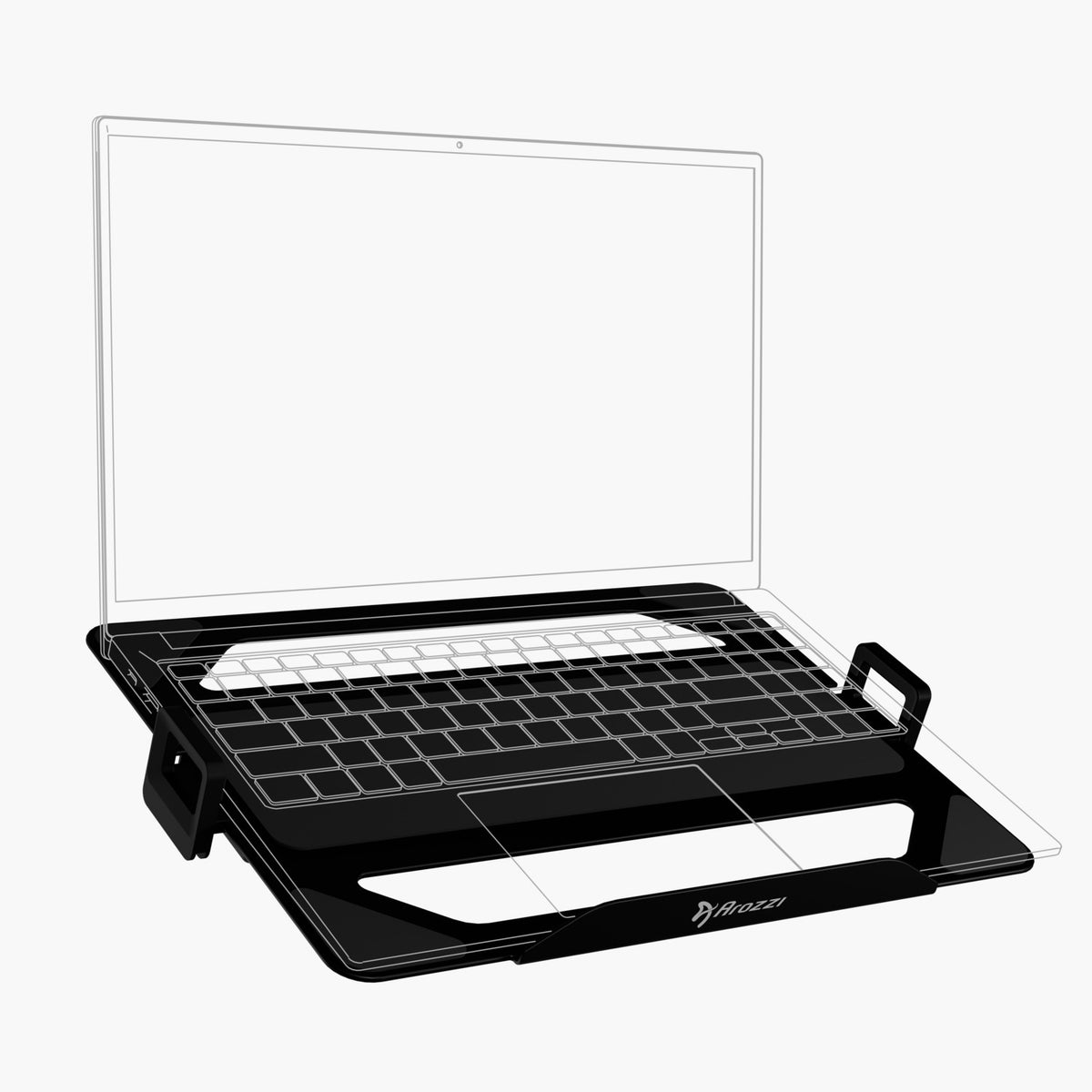 The Alzare Laptop Holder by Arozzi Europe in black, shown with a laptop outline on white.