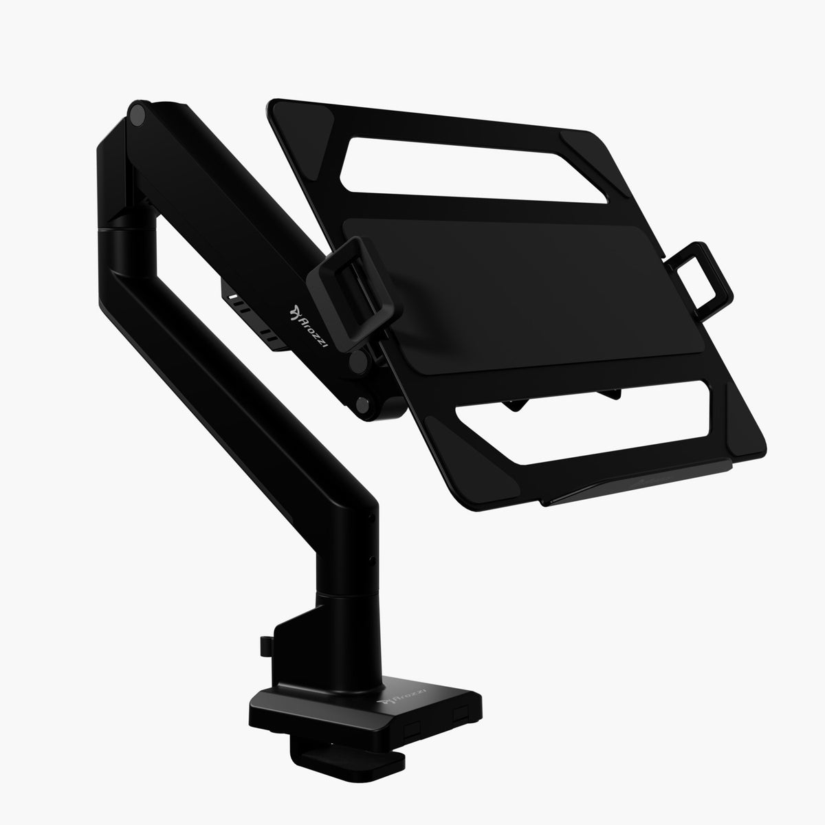 Arozzi Europe Alzare black ergonomic laptop holder with clamp mount, shown on white background.