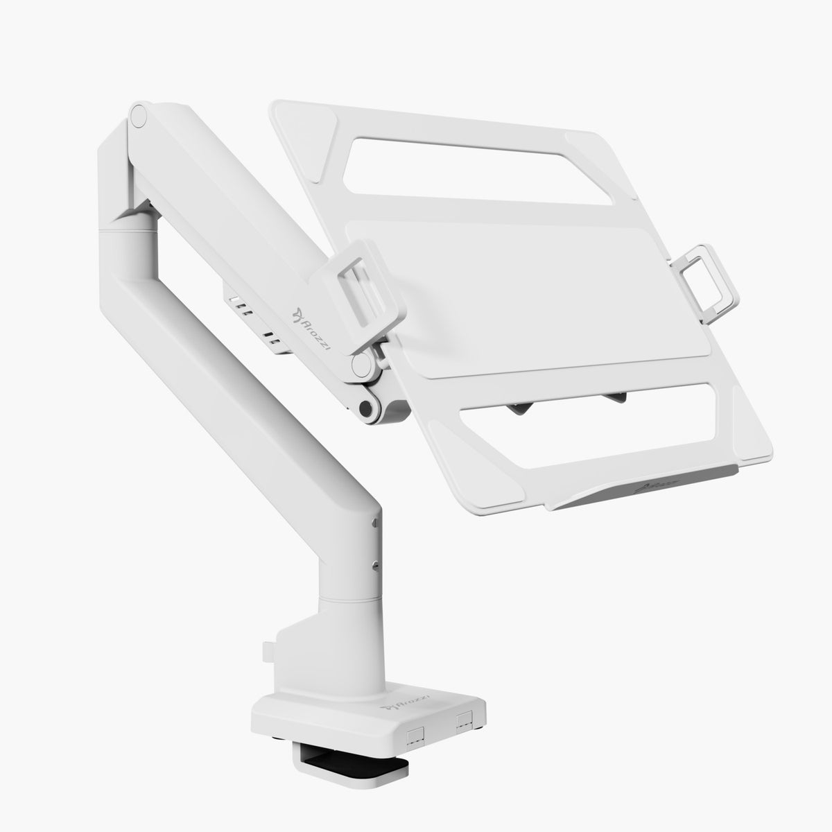 Arozzi Europe Alzare – ergonomic white laptop holder, adjustable for desktop use.