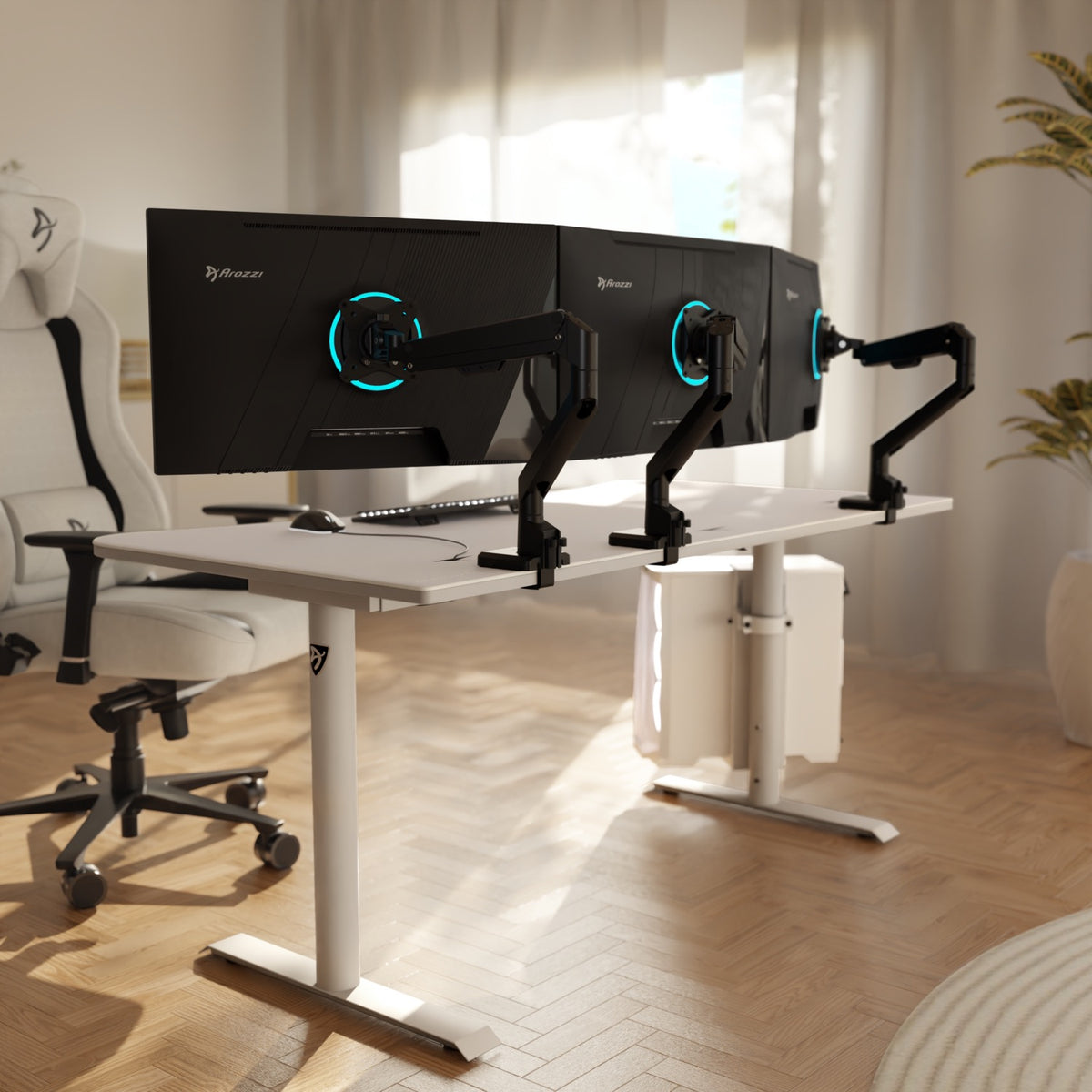 Arozzi Alzare Neo Single arm with color-matched monitor and sleek white gaming chair setup.