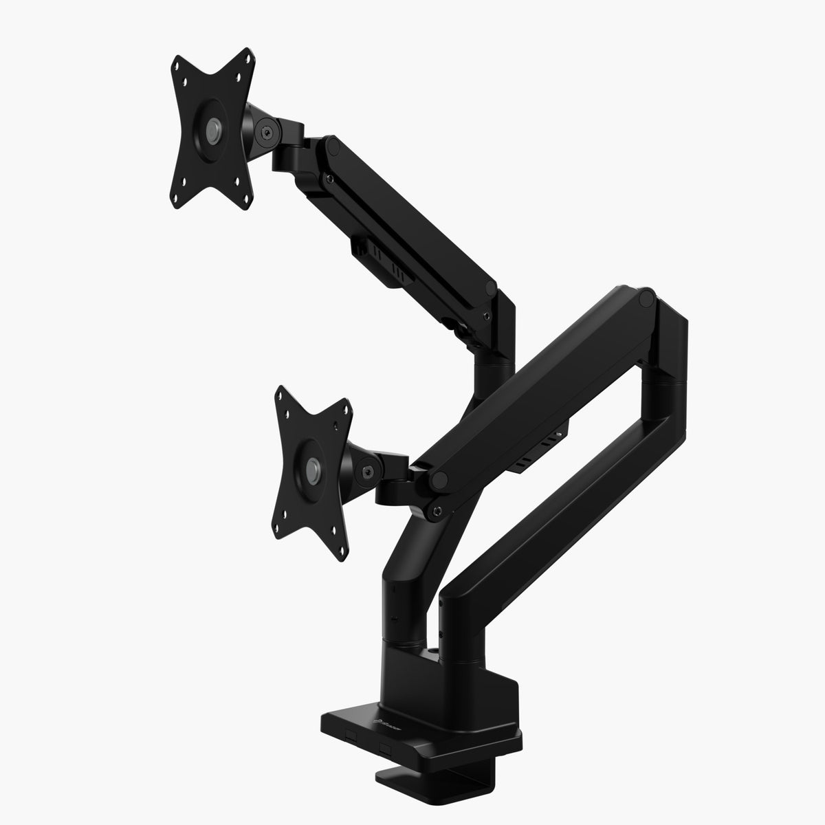 Arozzi Alzare Neo Duo gas spring dual monitor arm, clamp base, full-metal construction.