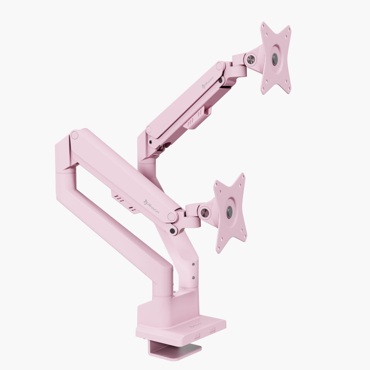 Arozzi Alzare Neo Duo pink gas spring monitor arm with VESA mount, desk clamp.