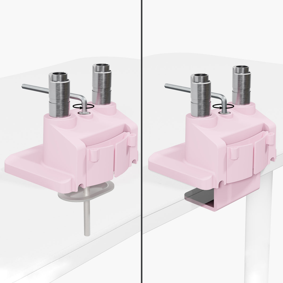 Two pink Arozzi Europe Alzare Neo Duo arms, full-metal, clamped to a table edge.