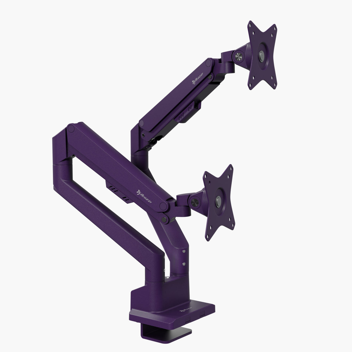 Arozzi Europe Alzare Neo Duo purple gas spring monitor arm, dual mount on white background.