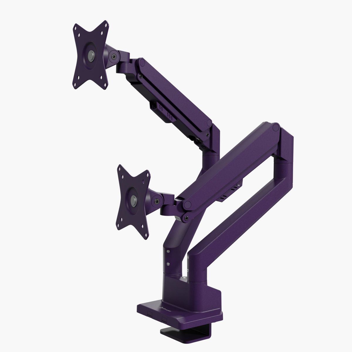 Arozzi Alzare Neo Duo purple gas spring dual monitor arm with adjustable joints, metal build.