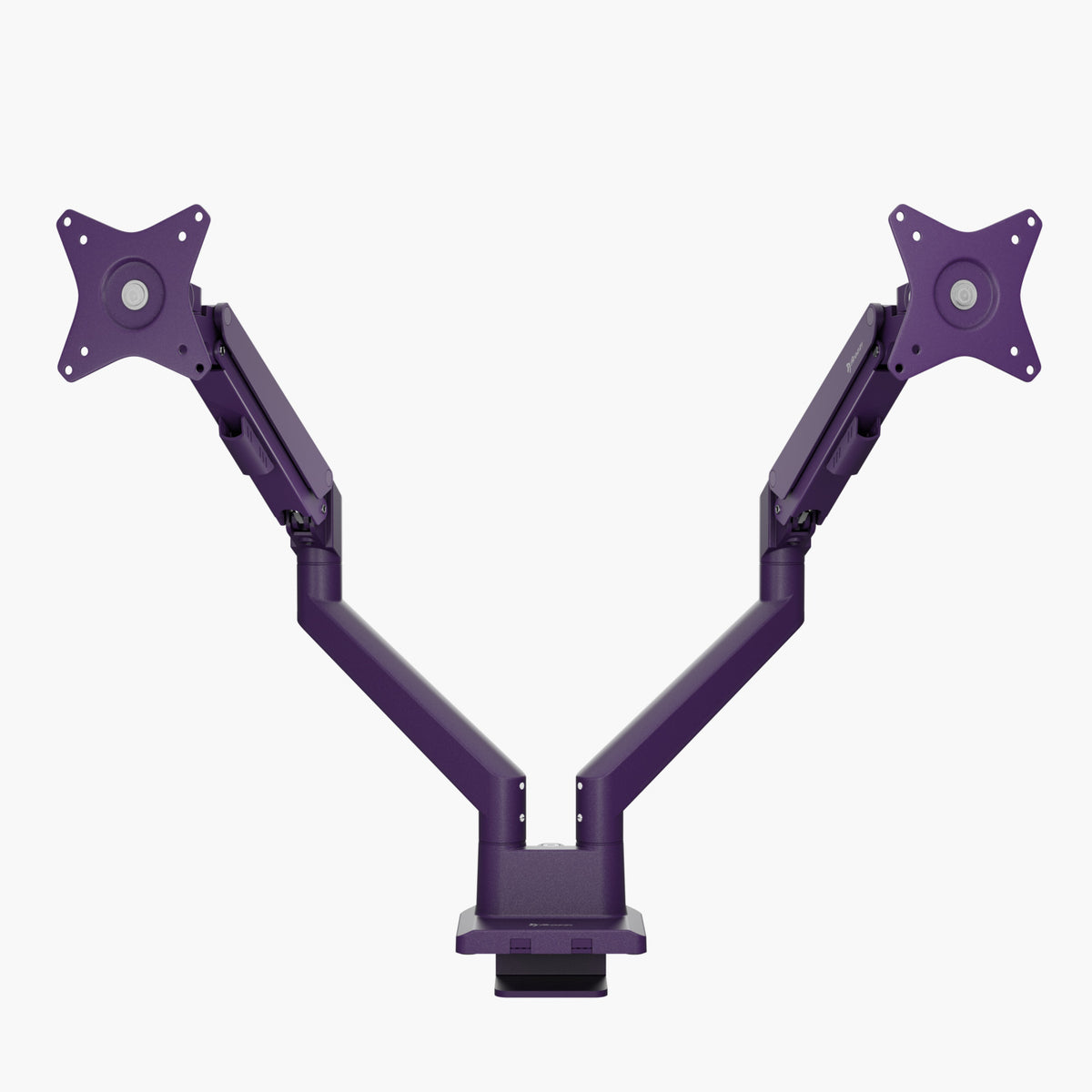 Arozzi Europe Alzare Neo Duo gas spring dual monitor arm mount, purple, on white background.