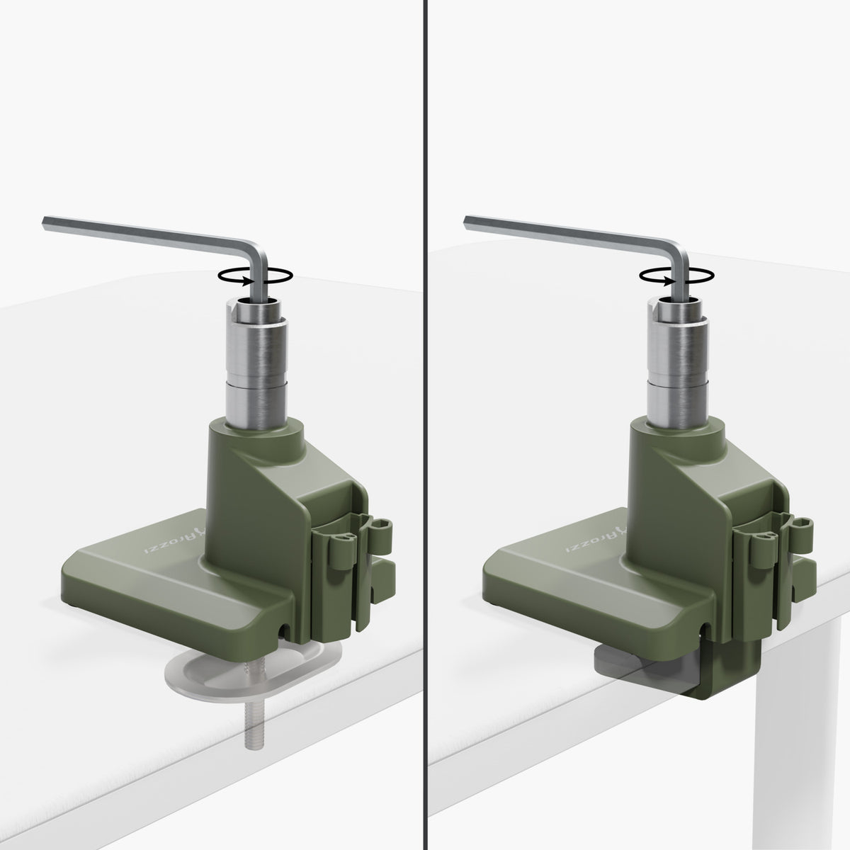 Arozzi Europe Alzare Neo Single gas spring monitor arm, shown from two angles on white.