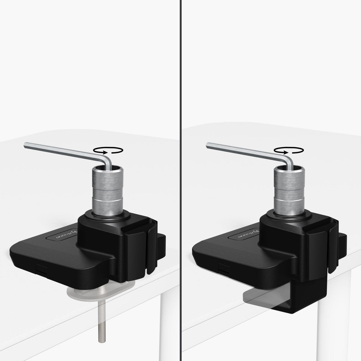 Two Alzare Neo Pro arms by Arozzi Europe clamp to a white desk, shown from various angles.