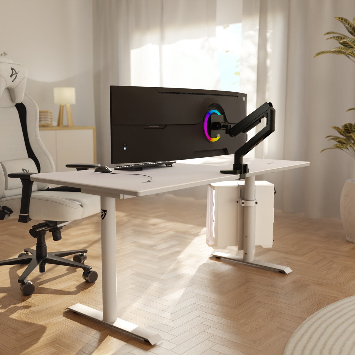 Modern white desk, Alzare Neo Pro monitor arm by Arozzi, keyboard, chair, sunlight through curtains.