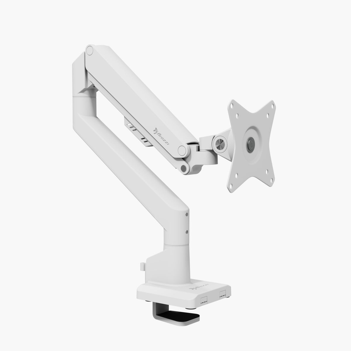 Arozzi Alzare Neo Single gas spring arm, all-metal, VESA mount, clamp base, white.