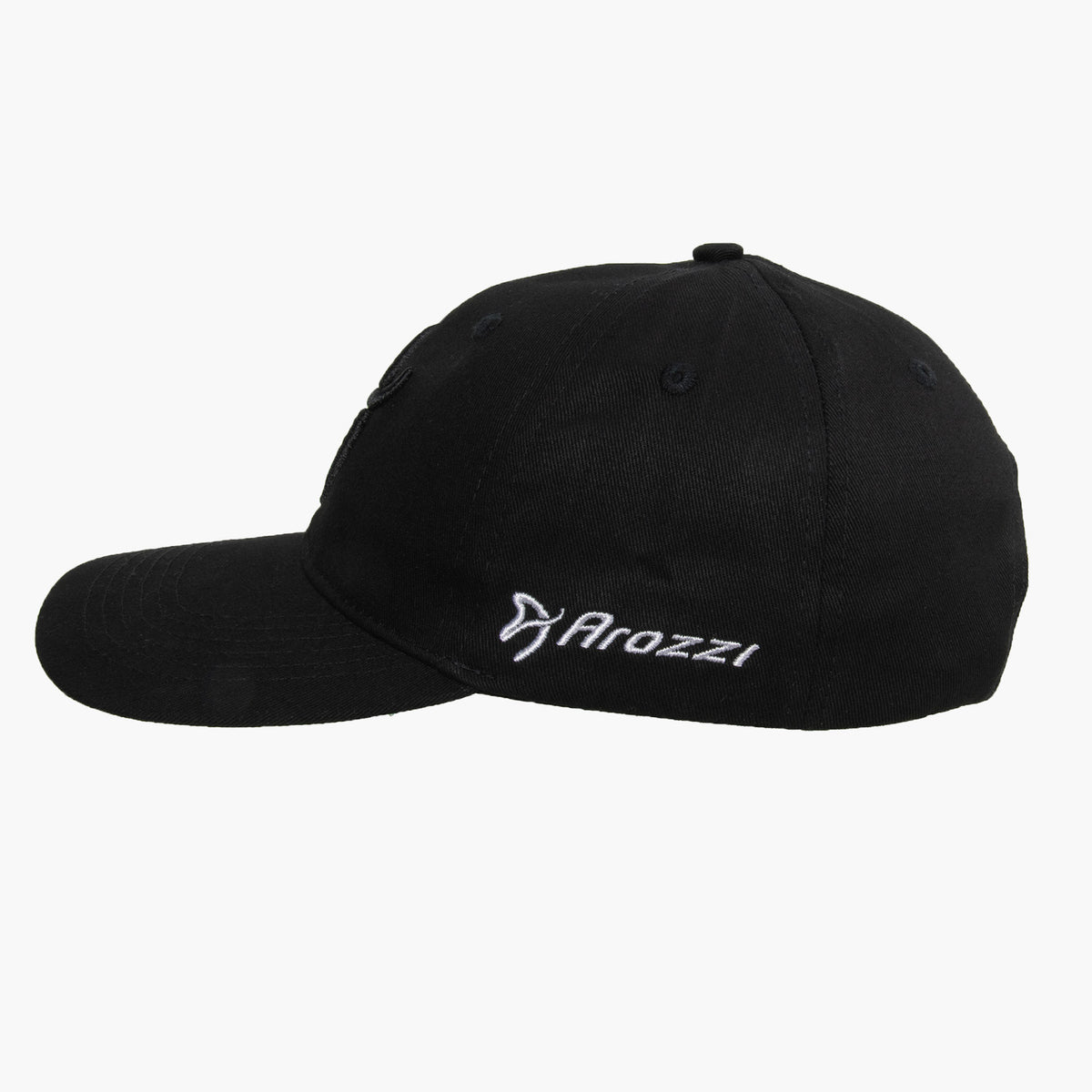 Arozzi Europe Sport Cap: black, white logo, side design, adjustable metal clip at back.
