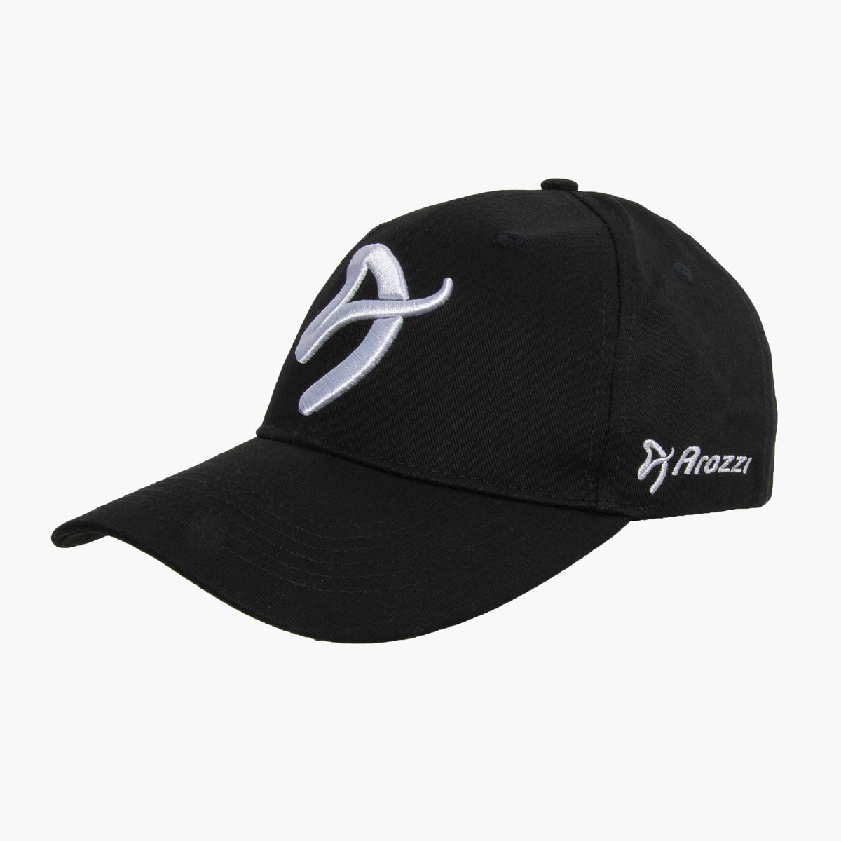 Arozzi Europe Sport Cap: black, white logo, adjustable metal clip for a custom fit.