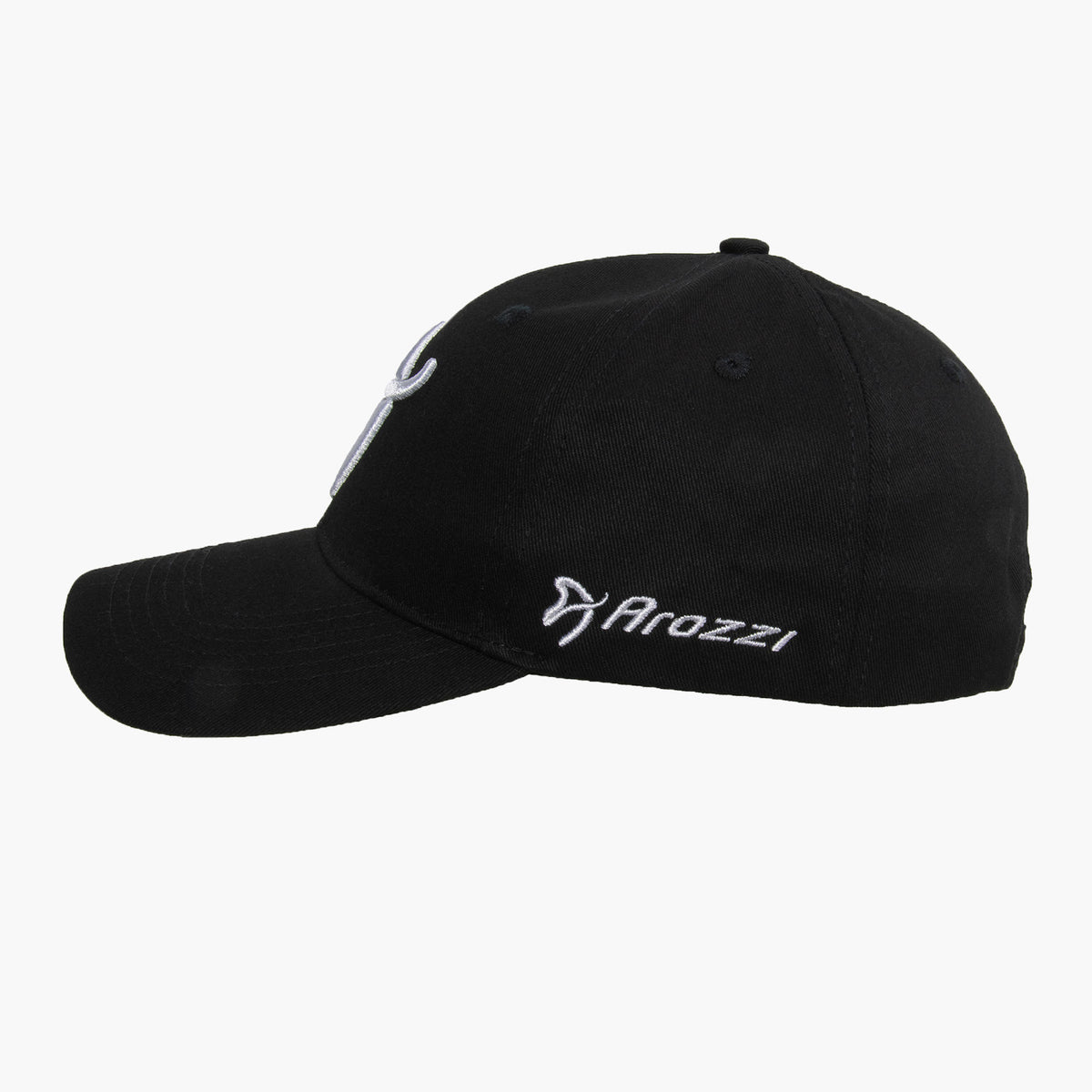 Arozzi Sport Cap by Arozzi Europe, black with logo, adjustable metal clip, left-side view on white.