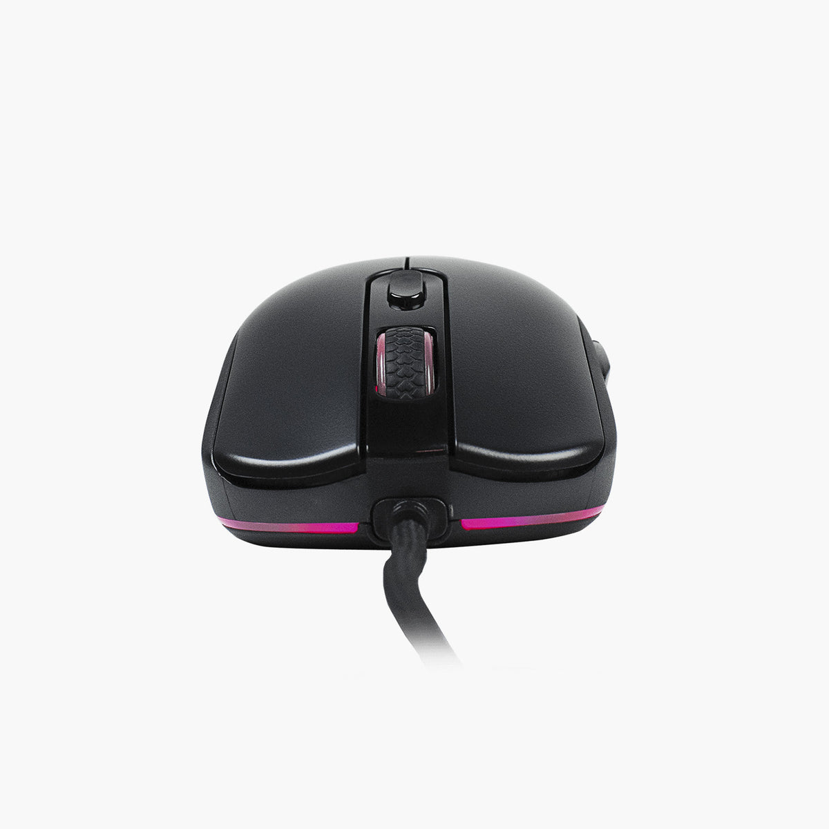 Arozzi Europe Favo 2 Ultra Light wired gaming mouse, black with pink accents, front view.