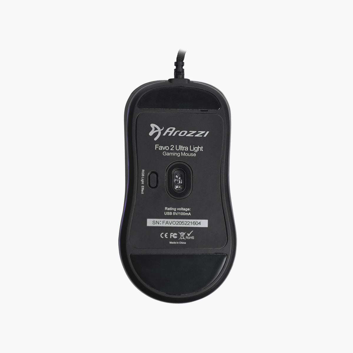 Arozzi Europe Favo 2 Ultra Light Gaming Mouse, bottom view with sensor and label shown.