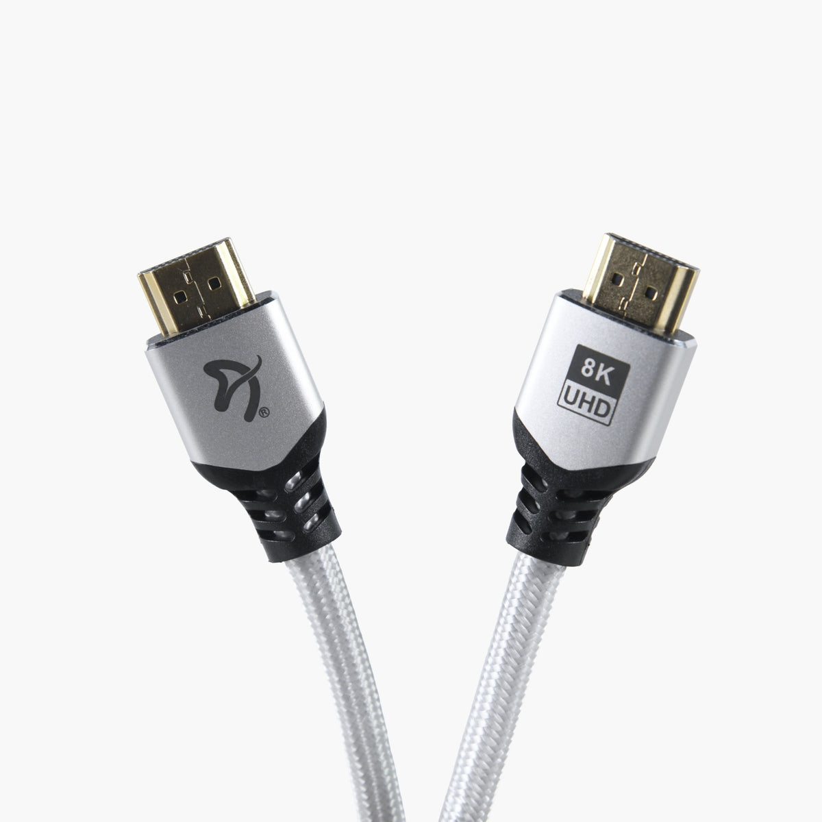 Two Arozzi Europe HDMI 2.1 Cable 3m – 8K UHD, silver, for gaming monitors on white background.